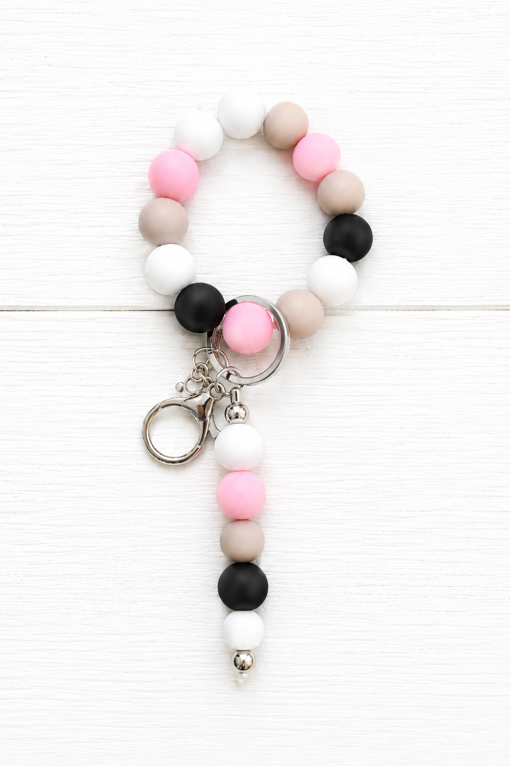 Black, Pink, & Neutral Beaded Wrislet With Extra Keychain Bar