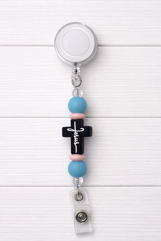 Cross “Jesus” Beaded Badge Reel
