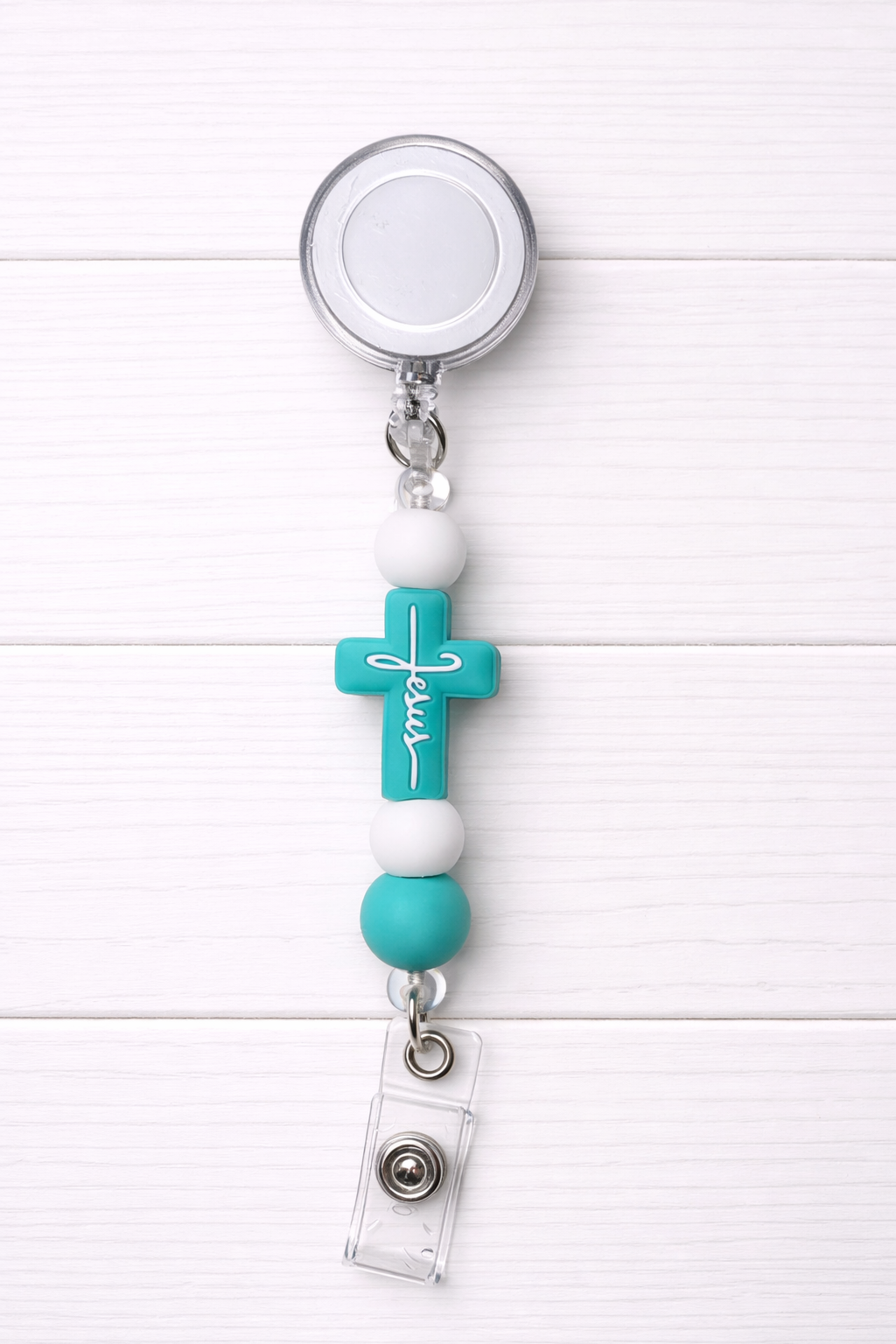 Teal Cross “Jesus” Beaded Badge Reel