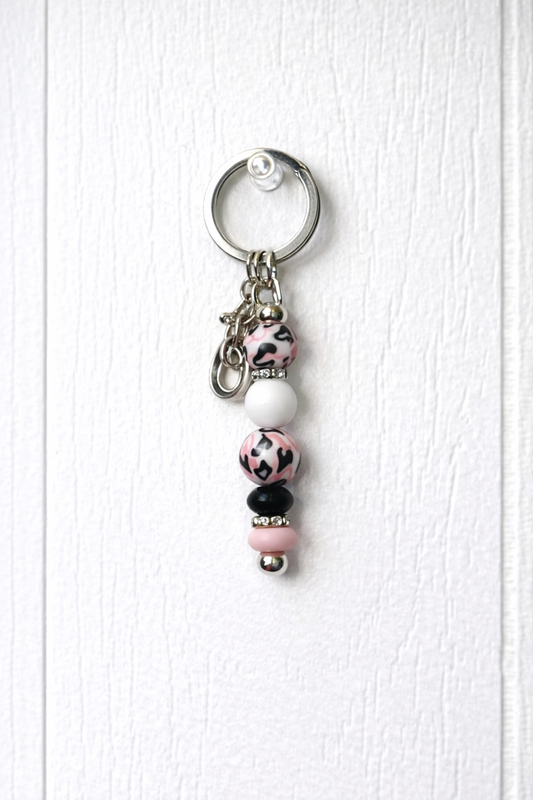 Pink & Black Cow Print Beaded Keychain/ Bag Charm