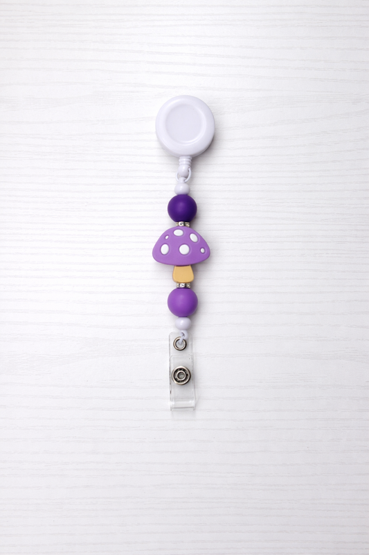 Purple Mushroom Beaded Badge Reel