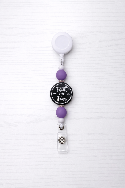 “Faith over fear” Purple Beaded Badge Reel