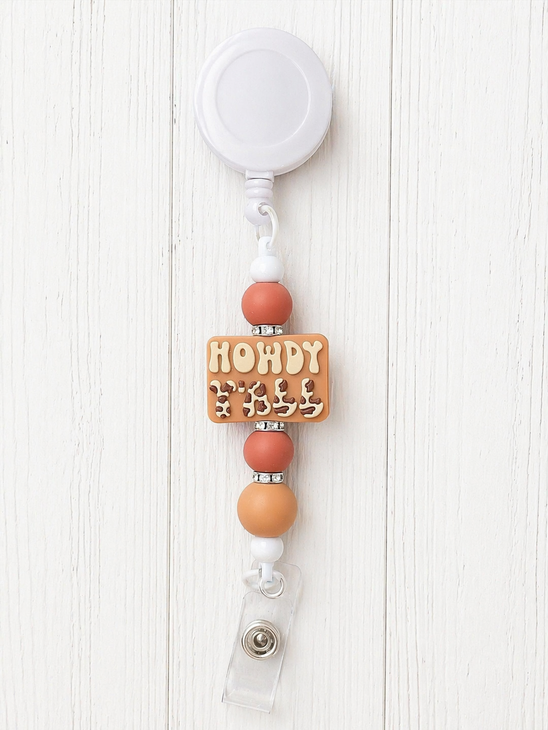 “Howdy Y’all” Brown Beaded Badge Reel