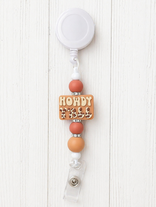 “Howdy Y’all” Brown Beaded Badge Reel