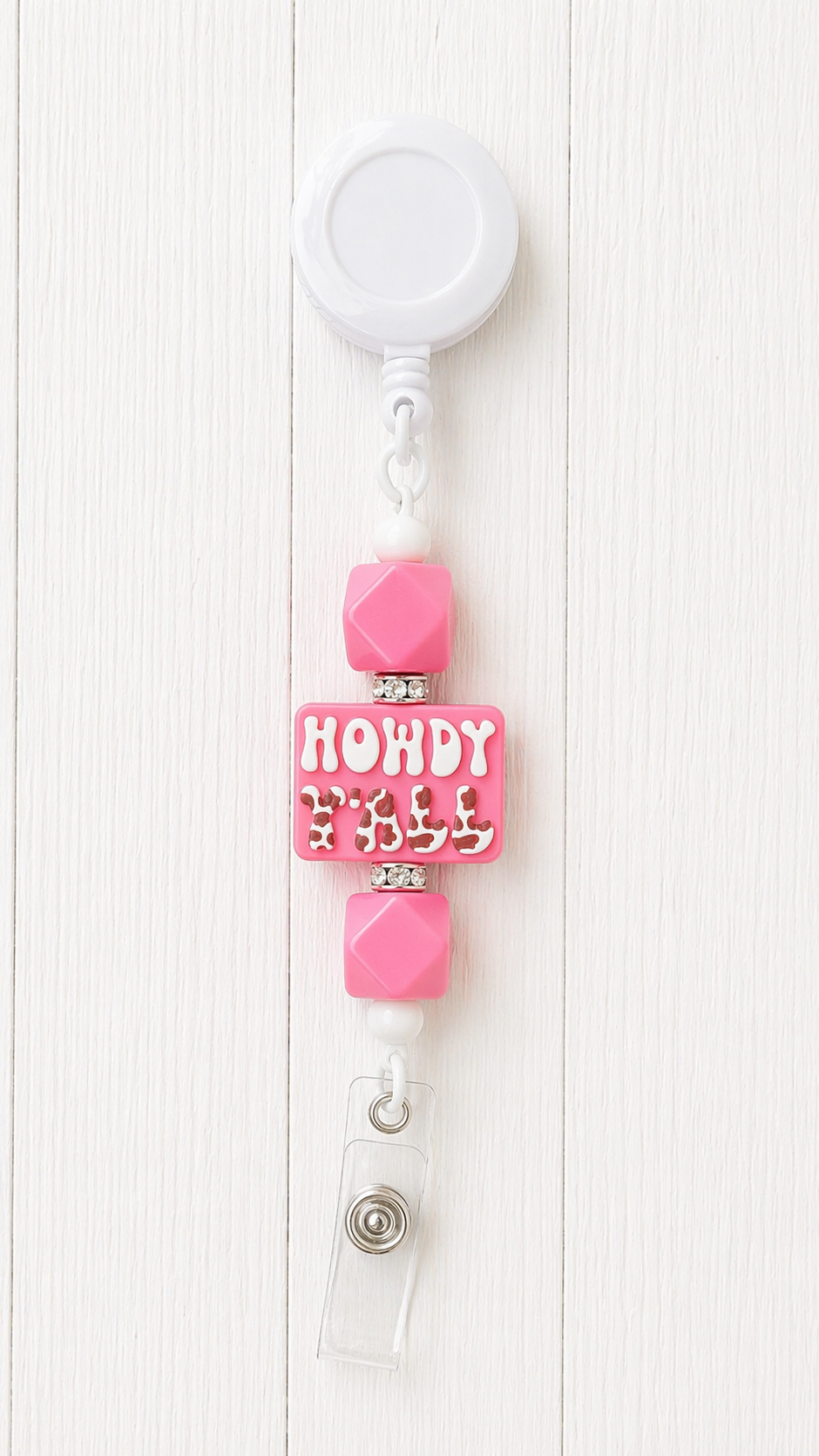 “Howdy Yall” Pink Beaded Badge Reel