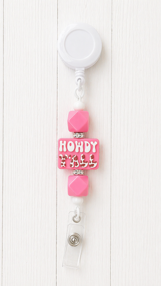 “Howdy Yall” Pink Beaded Badge Reel