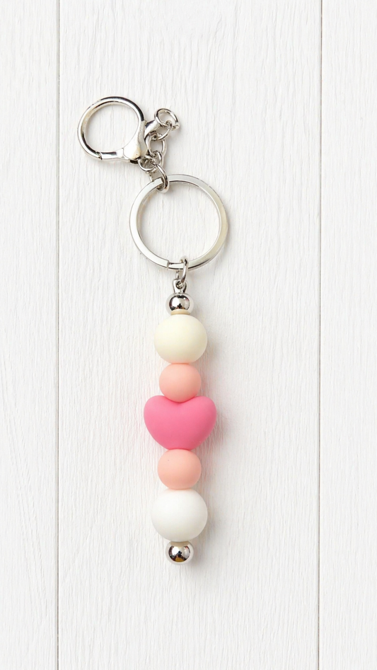 White & Pink Hearted Beaded Keychain/Bag Charm