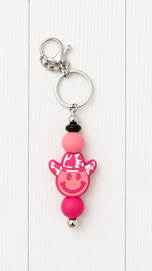 Pink Smiley Cowgirl Beaded Keychain/ Bag Charm