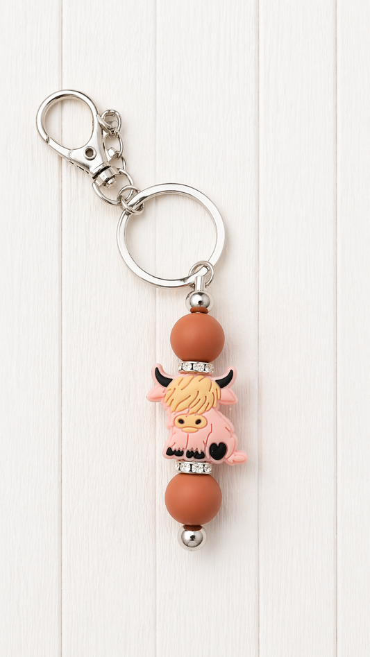 Pink Highland Cow Beaded Keychain/ Bag Charm