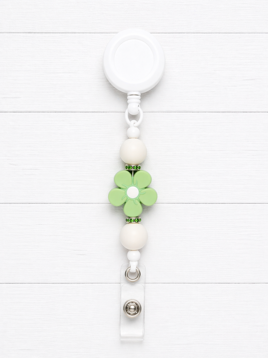 Green & White Daisy Beaded Badge Reel