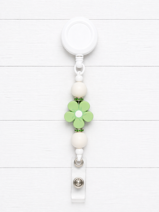 Green & White Daisy Beaded Badge Reel