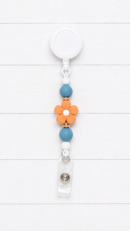 Orange & Blue Daisy Beaded Badge Reel