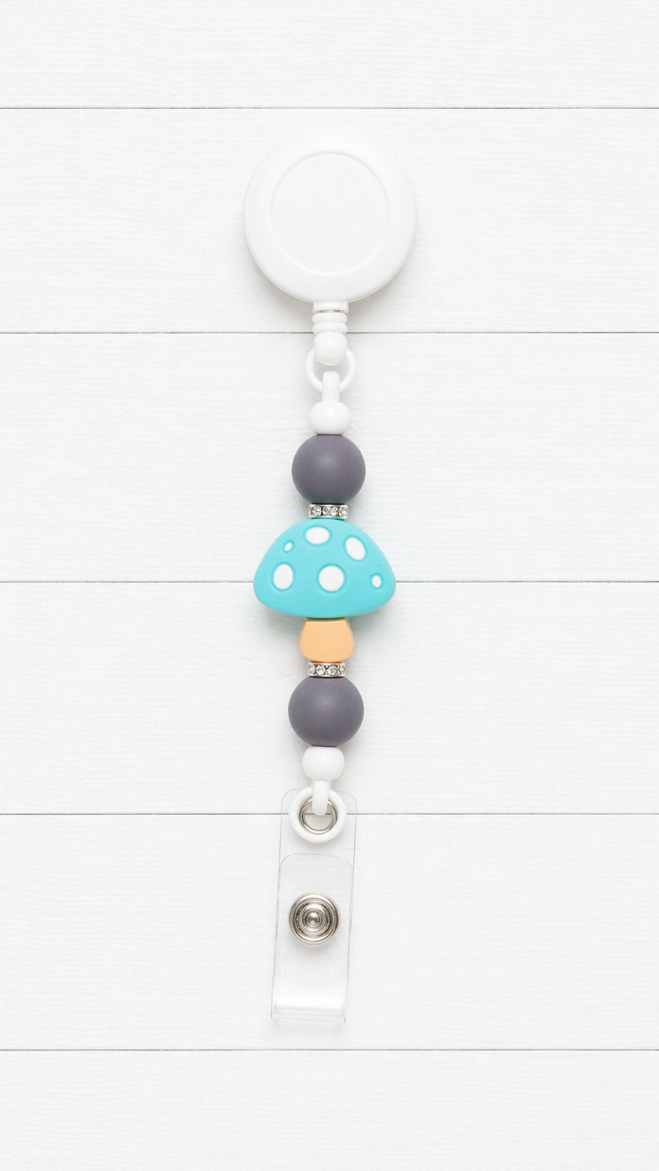 Blue Mushroom Beaded Badge Reel