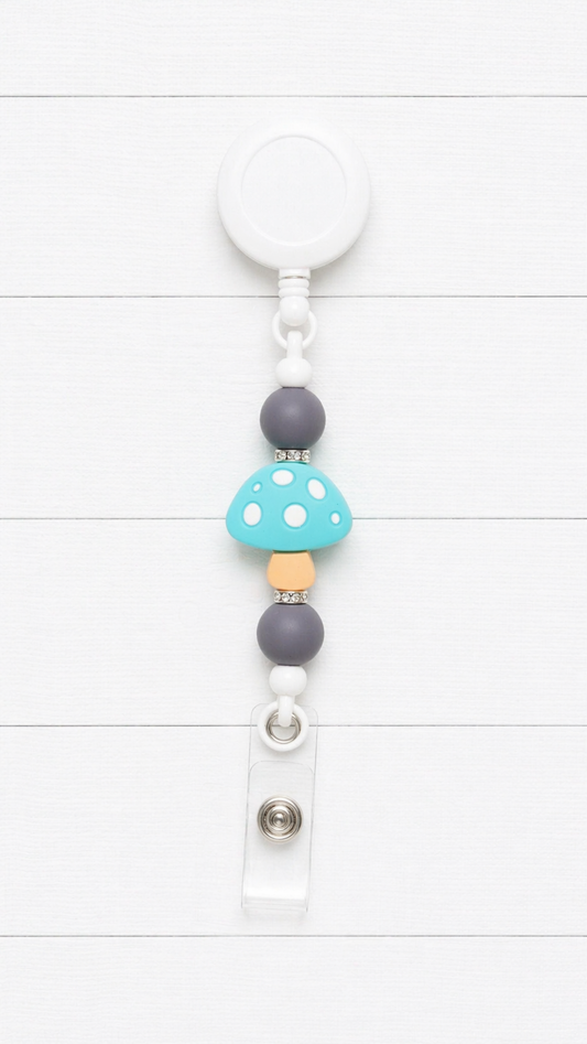 Blue Mushroom Beaded Badge Reel