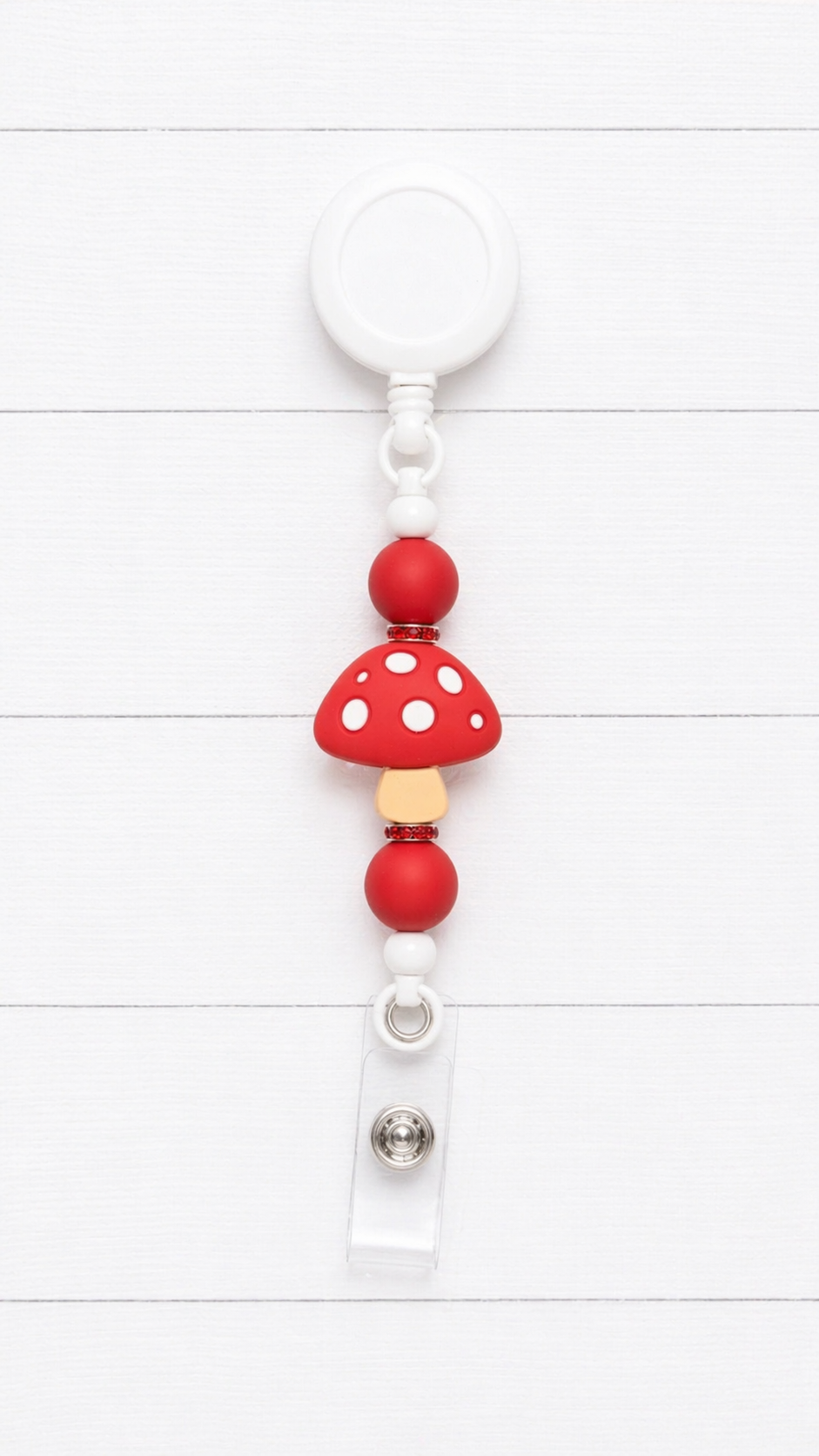 Red Mushroom Beaded Badge Reel