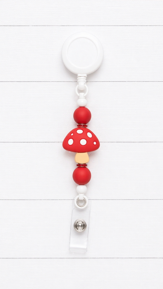 Red Mushroom Beaded Badge Reel