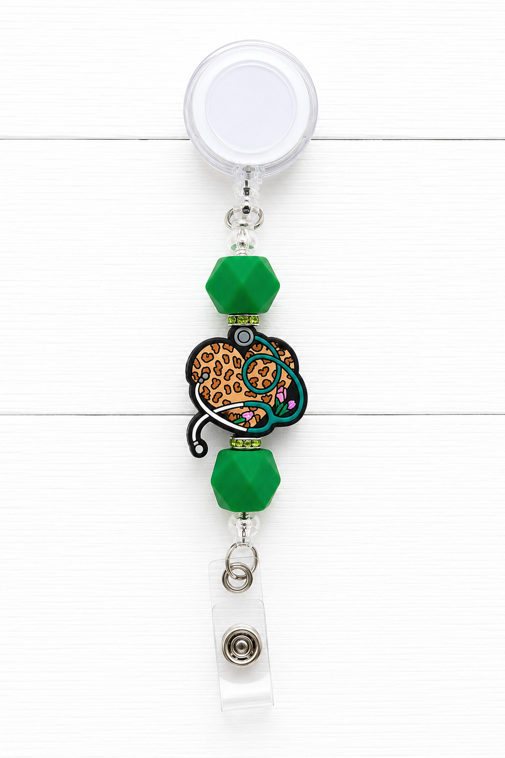 Leopard Print Stethoscope Beaded Badge Reel