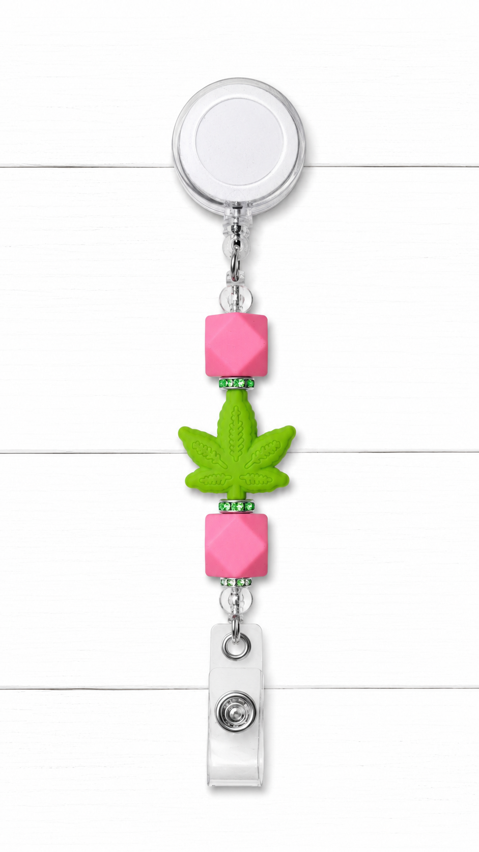 Pink & Green Bud Beaded Badge Reel