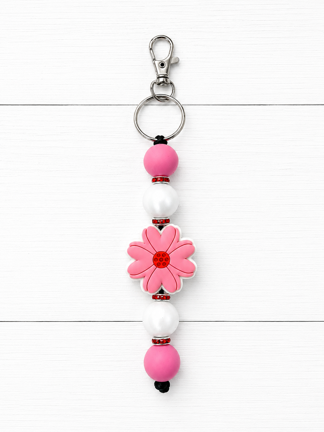 Pink & White Daisy Beaded Keychain/ Bag Charm